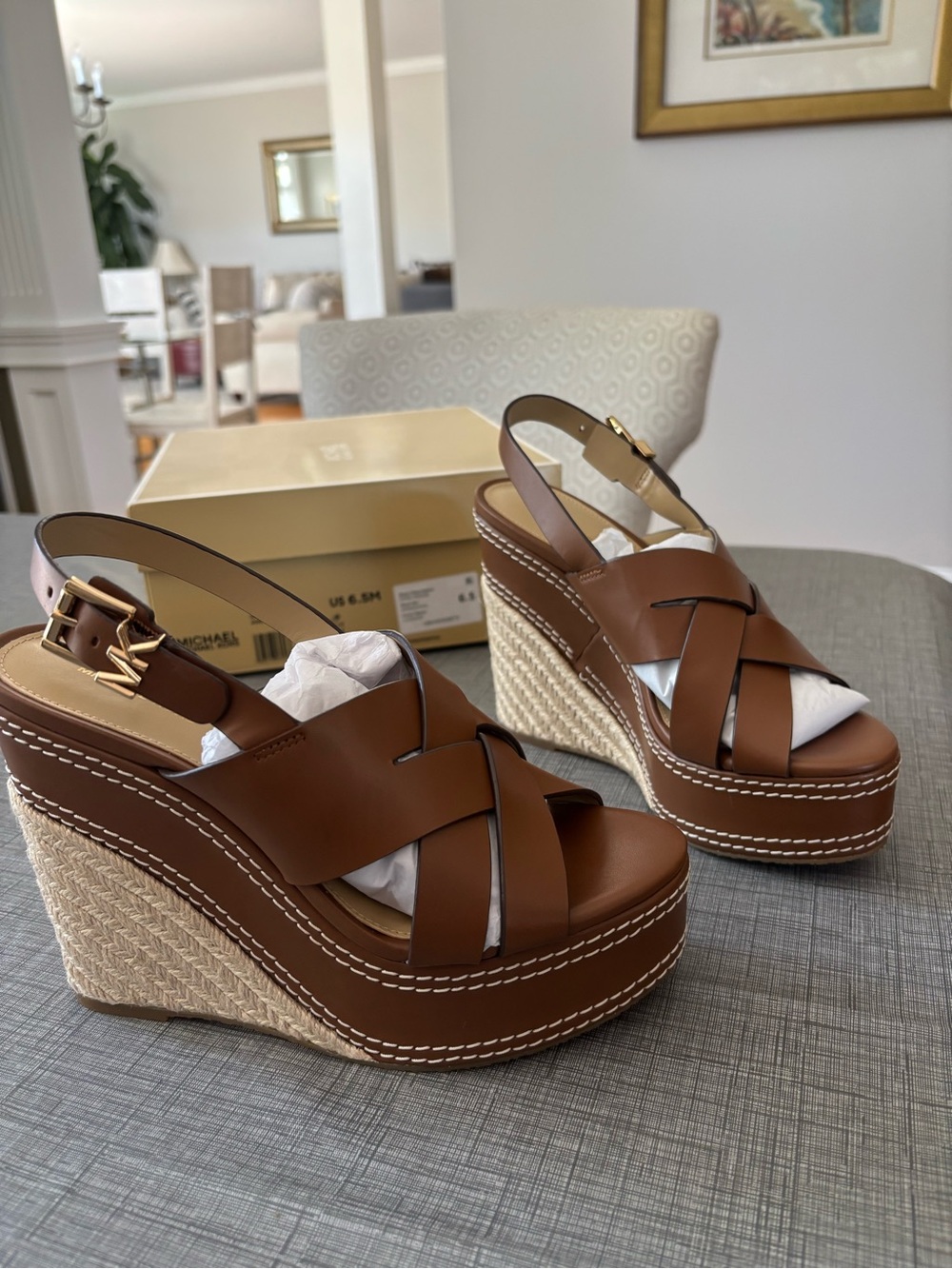Michael Kors Luggage Brown Leather Espadrille Wedges - Picture 2 of 5